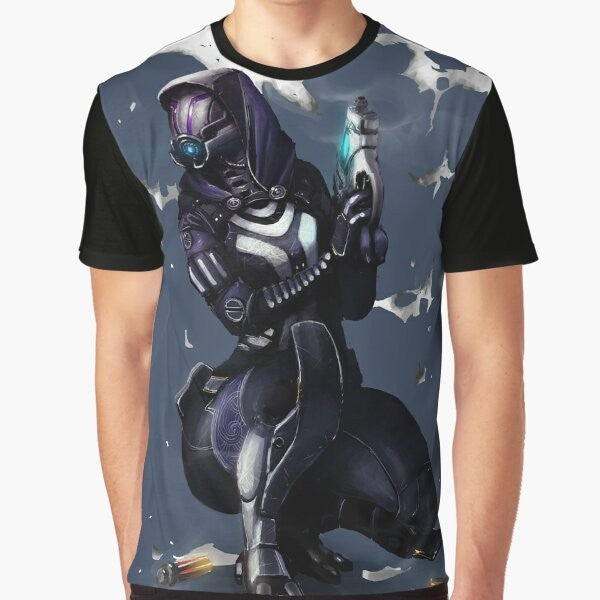 Tali'Zorah, the quarian character from the Mass Effect video game franchise, featured on a graphic t-shirt.