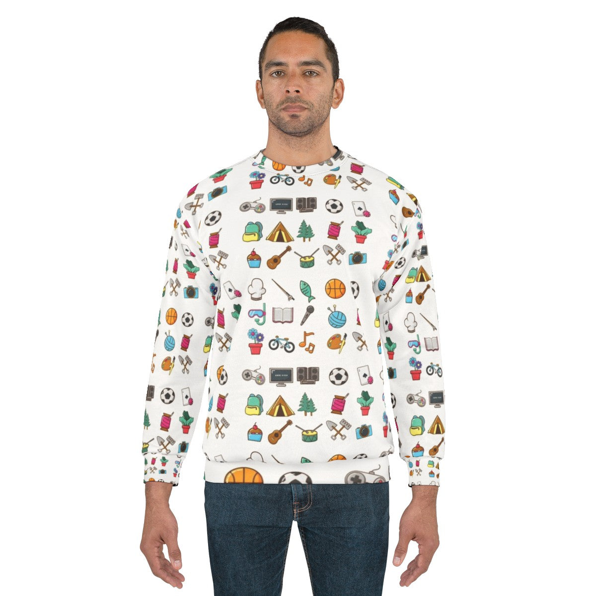 Hobbies Sticker Pack Sweatshirt featuring various hobby icons - men