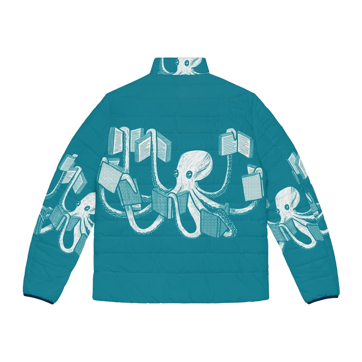 Puffer jacket with an octopus, squid, and book graphic design for book lovers - Back