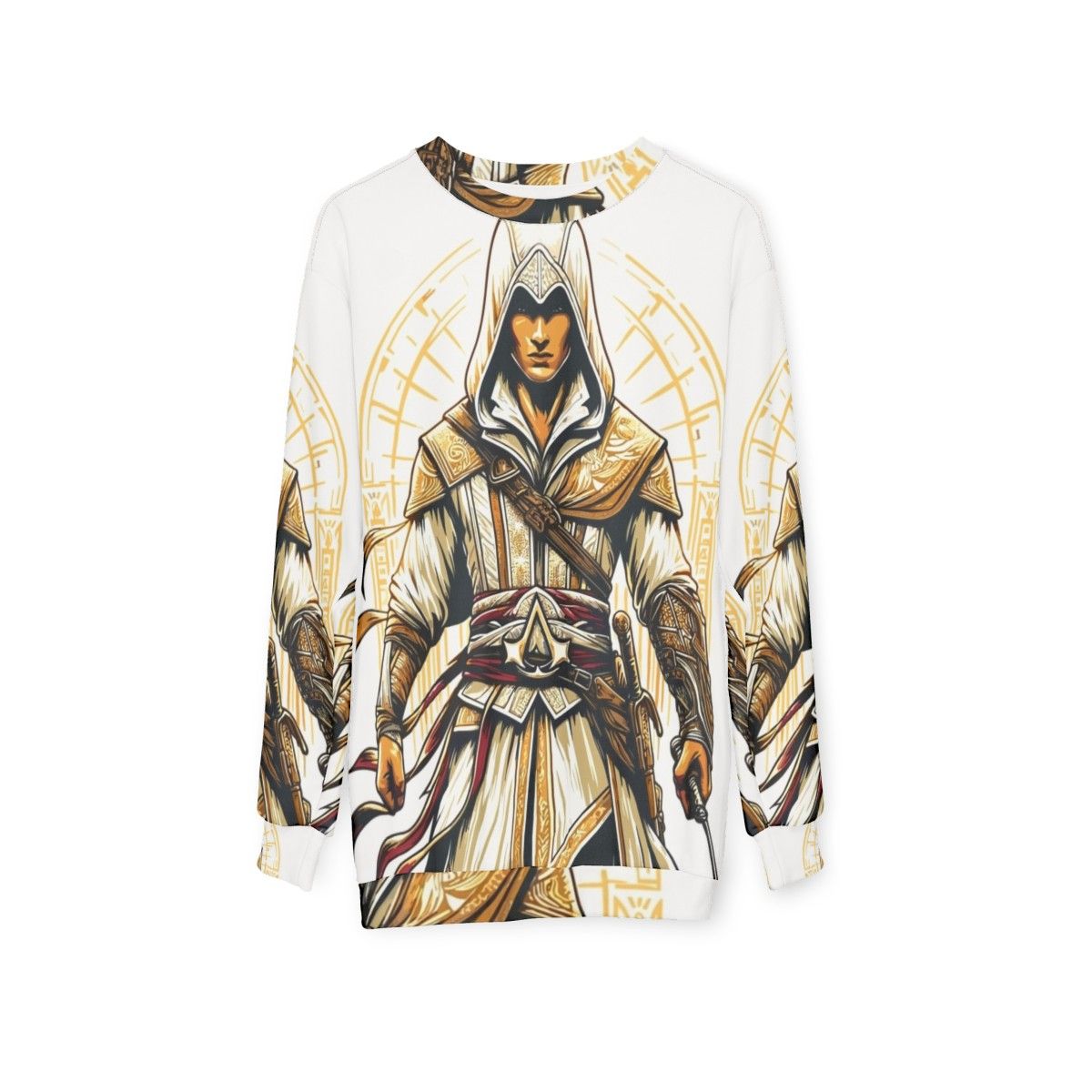 Assassins Creed Sweatshirt with Assassin In Action and Bright Colors - hanging