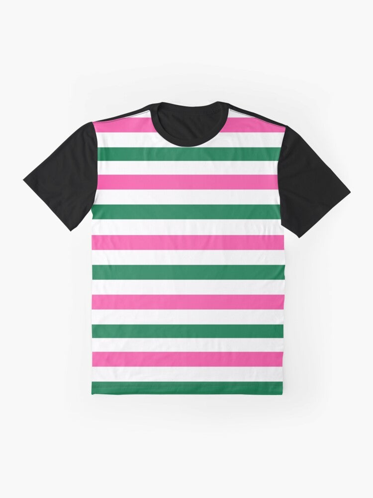 Stripy deckchair graphic t-shirt in forest green and hot pink colors - Flat lay