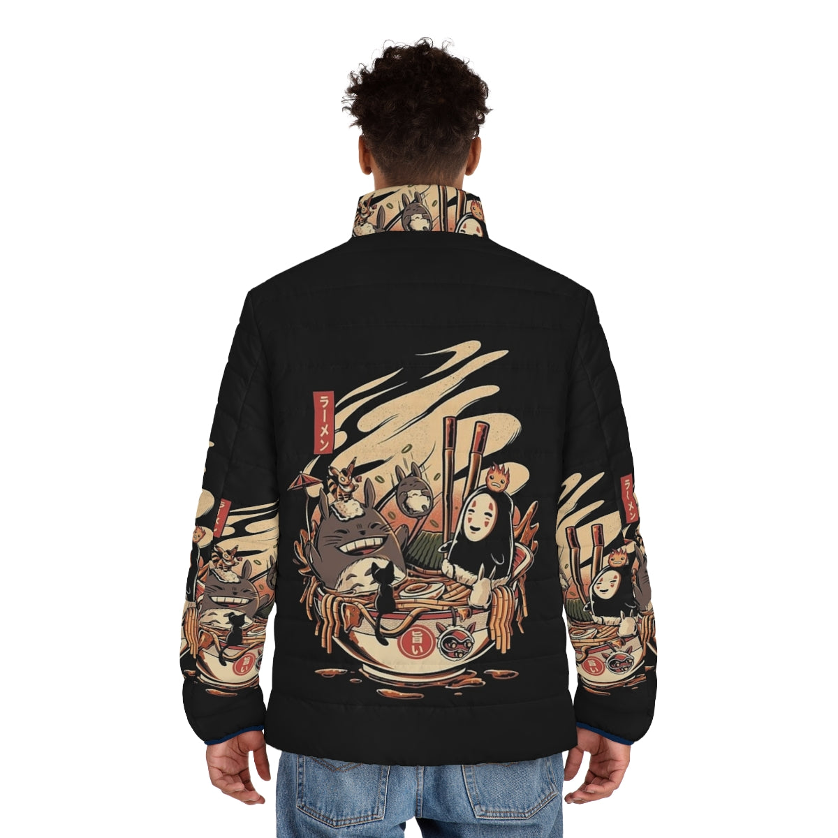 Ramen noodle puffer jacket with anime-inspired design - men back