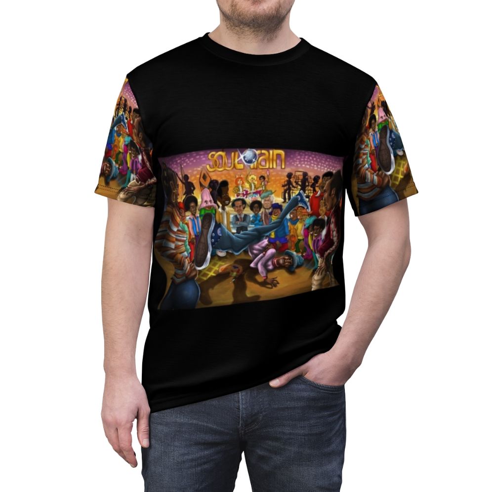 Colorful and lively Soul Train inspired t-shirt design with retro disco and breakdancing elements. - men front