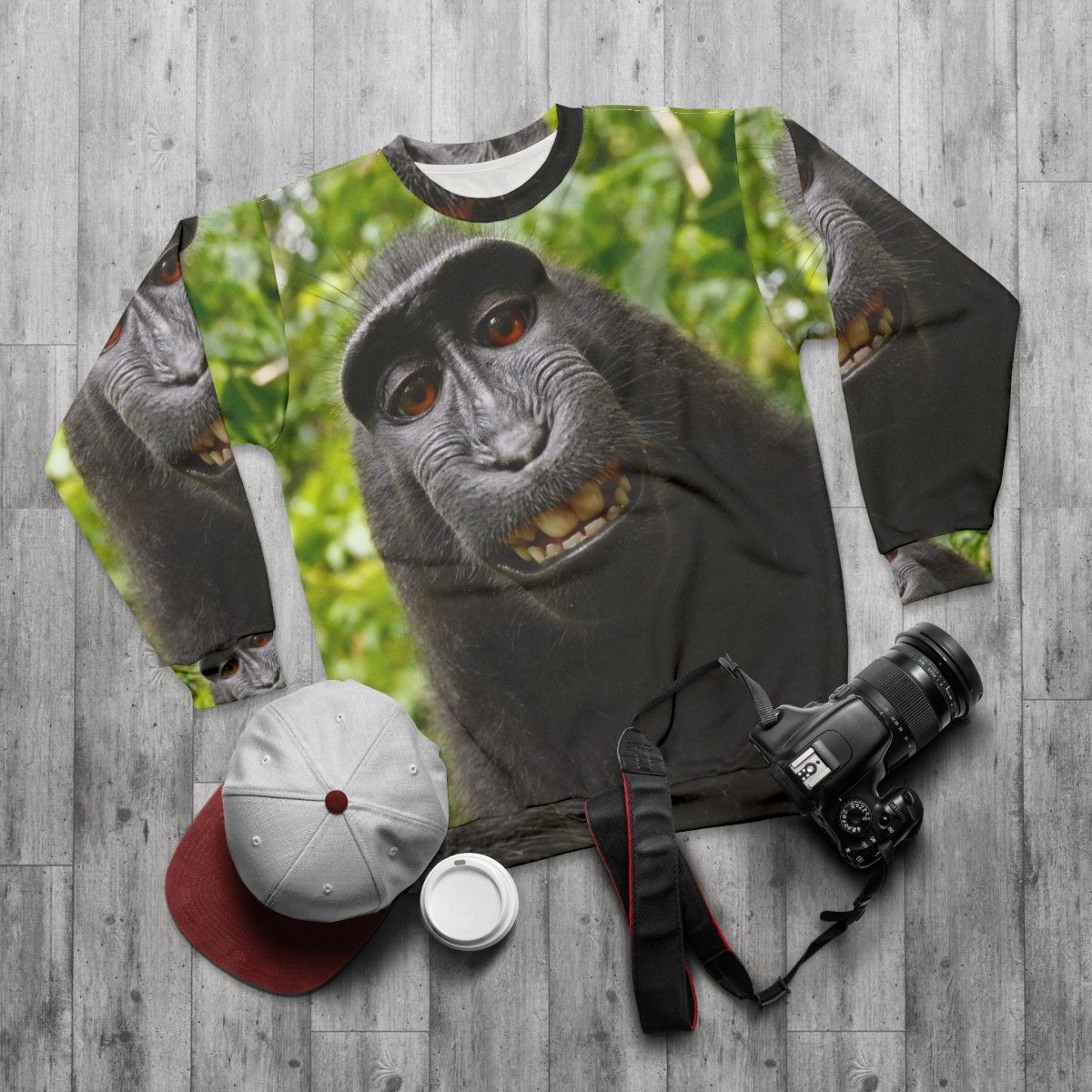 Monkey Business Casual Sweatshirt with a chimpanzee design - flat lay