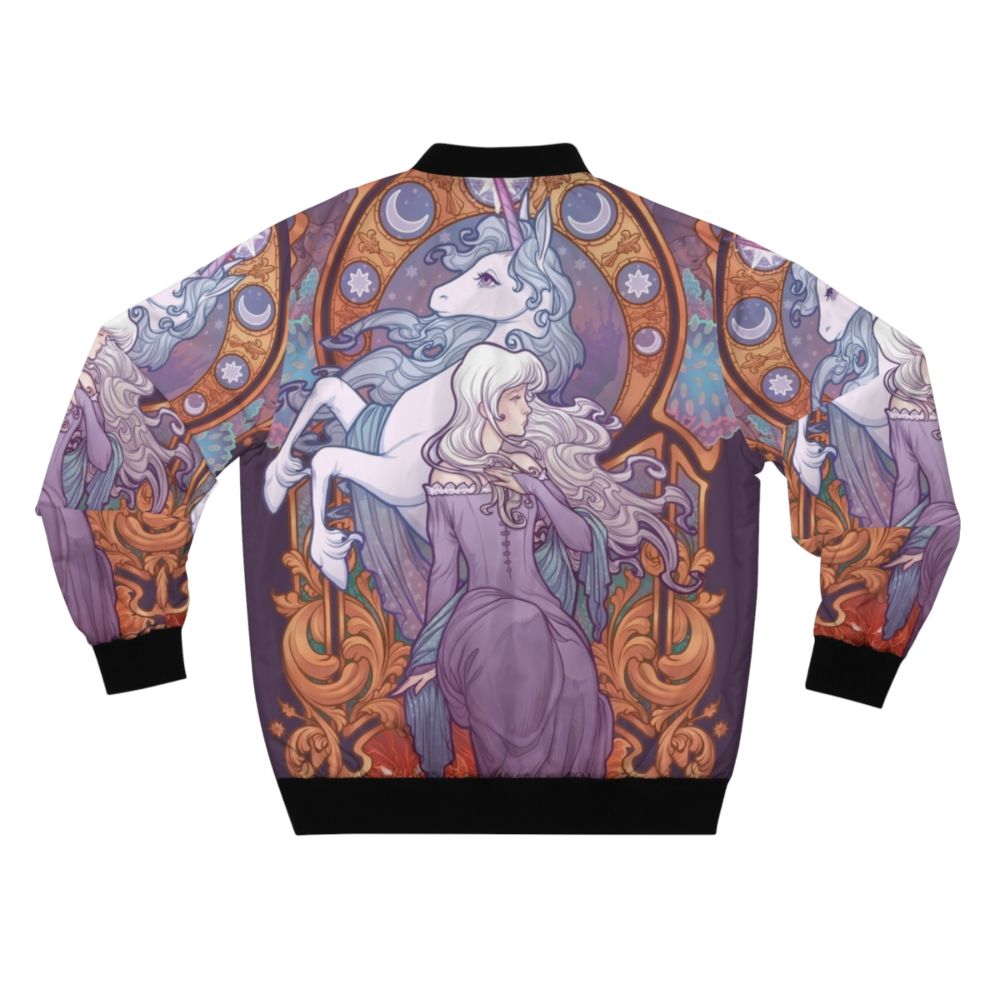 A colorful bomber jacket featuring the character Lady Amalthea from the classic 80s fantasy film "The Last Unicorn". - Back