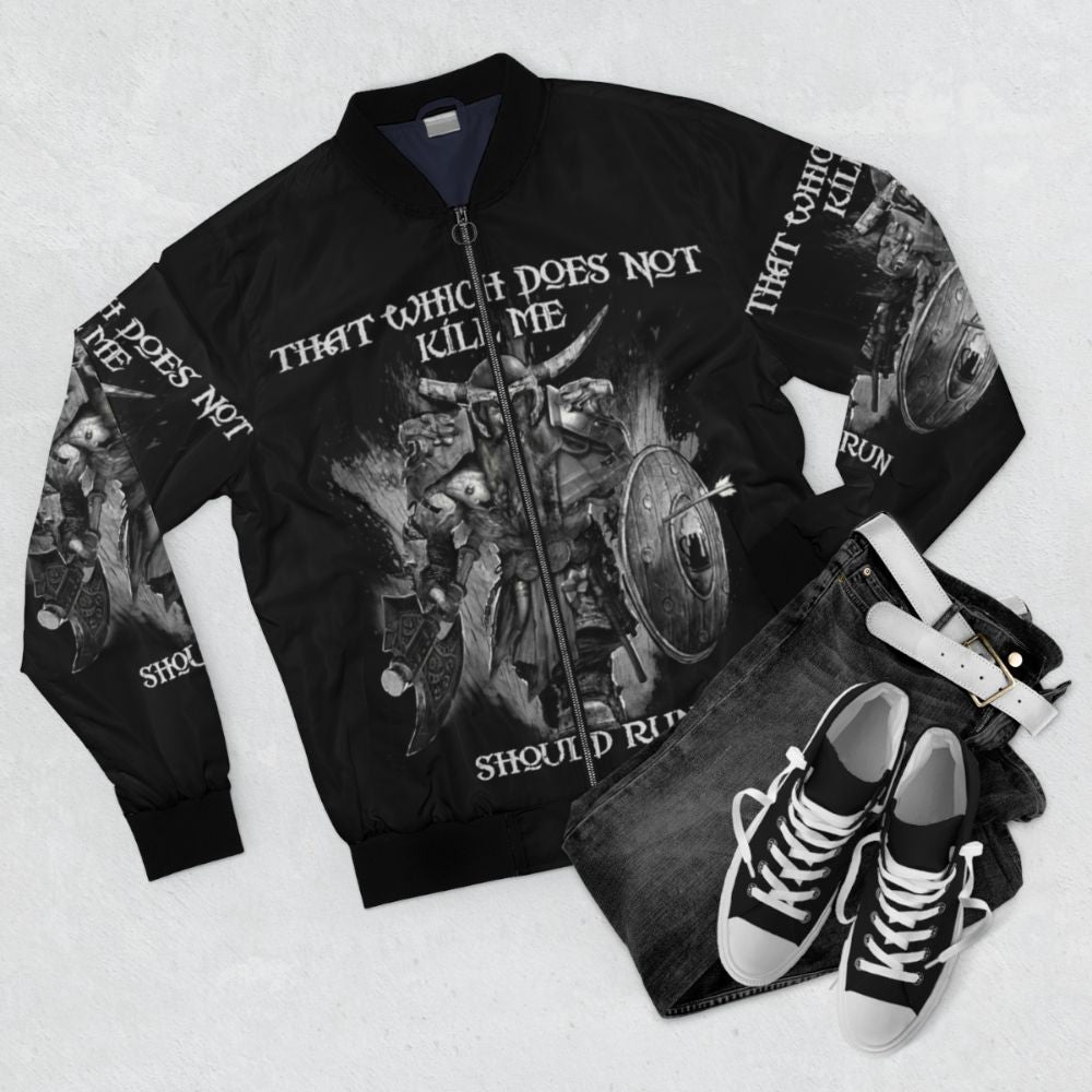 Bruenor Battlehammer Mithral Hall Dwarf Bomber Jacket featuring Forgotten Realms imagery - Flat lay