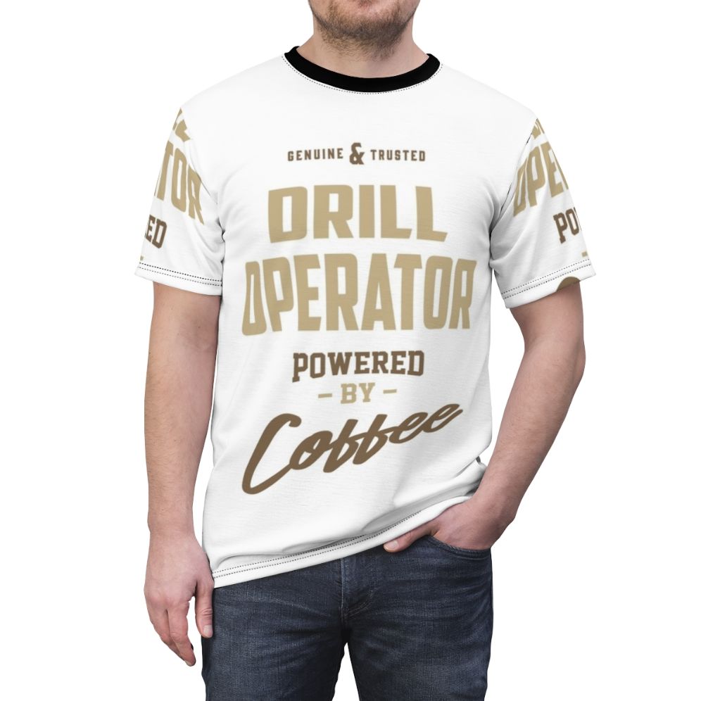 Drill Operator T-Shirt with Typography Design Powered by Coffee - men front