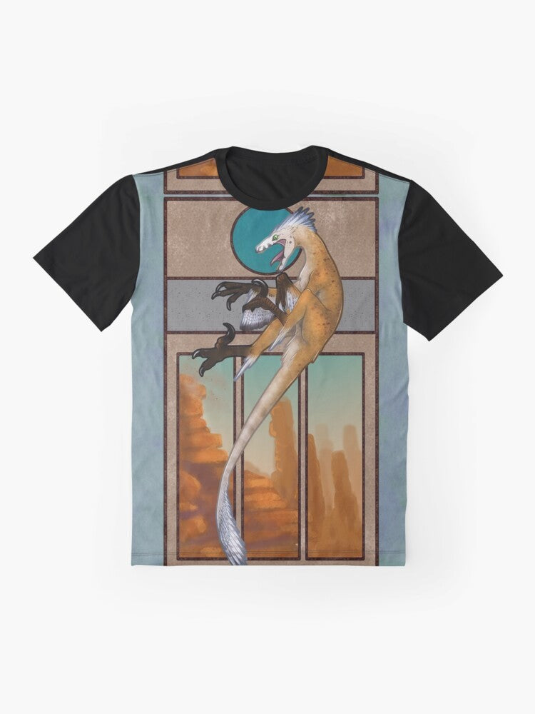 Velociraptor dinosaur illustration on a graphic t-shirt - Flat lay