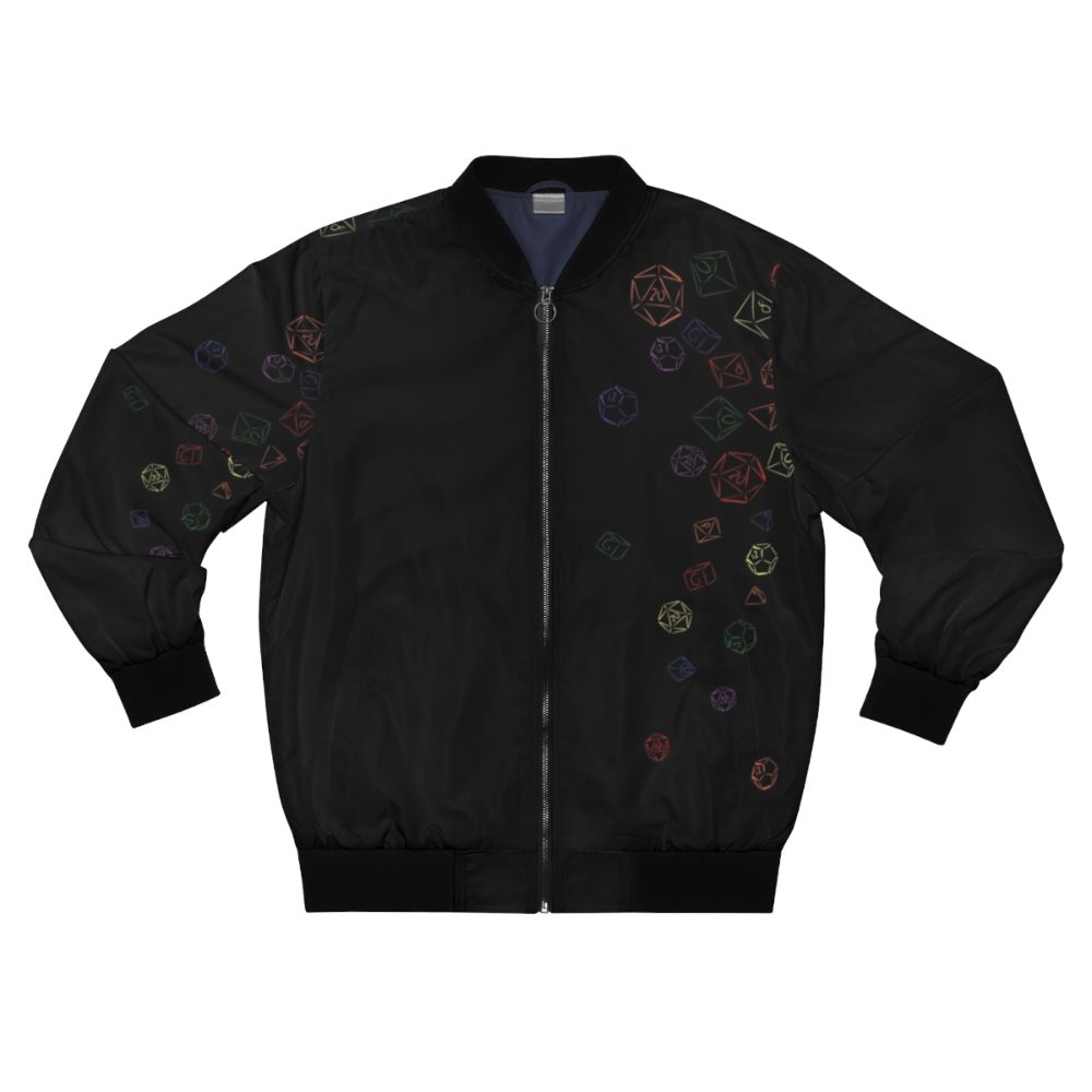 Colorful rainbow-patterned bomber jacket with dice print, ideal for gamers and TTRPG enthusiasts.