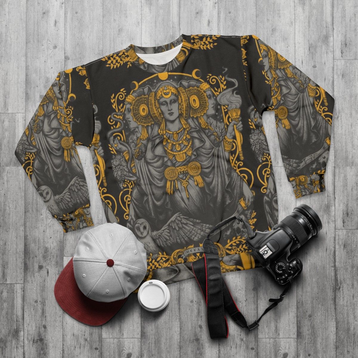 Iberian Hecate Gray Sweatshirt with Occult and Gothic Inspired Designs - flat lay