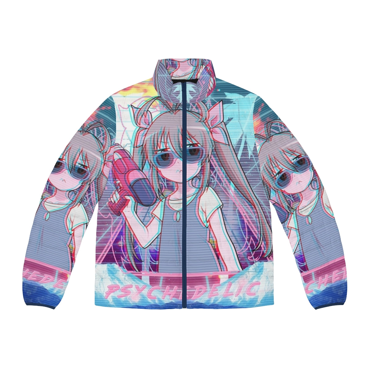 Psychedelic puffer jacket featuring anime-style girl with twin tails, water, gun, and palm trees in a synthwave, retrowave, vaporwave aesthetic