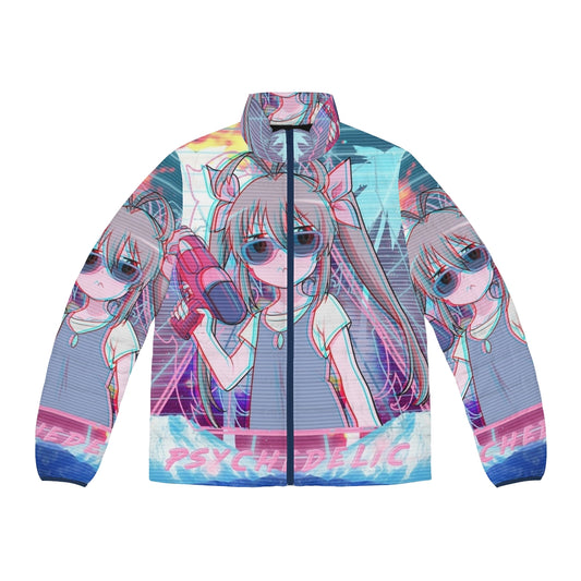 Psychedelic puffer jacket featuring anime-style girl with twin tails, water, gun, and palm trees in a synthwave, retrowave, vaporwave aesthetic