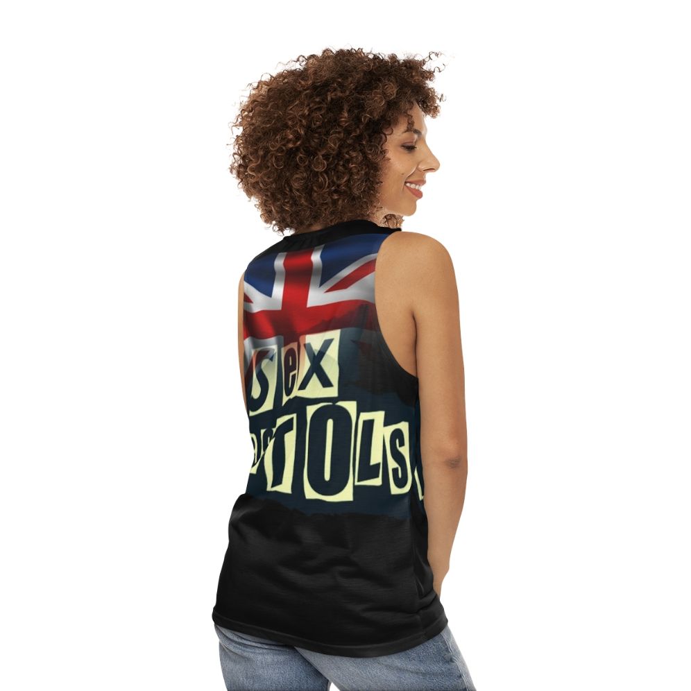 Punk rock unisex tank top with Pistols logo - women back