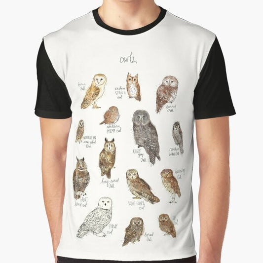 Owls Graphic T-Shirt featuring a colorful illustration of various owl species