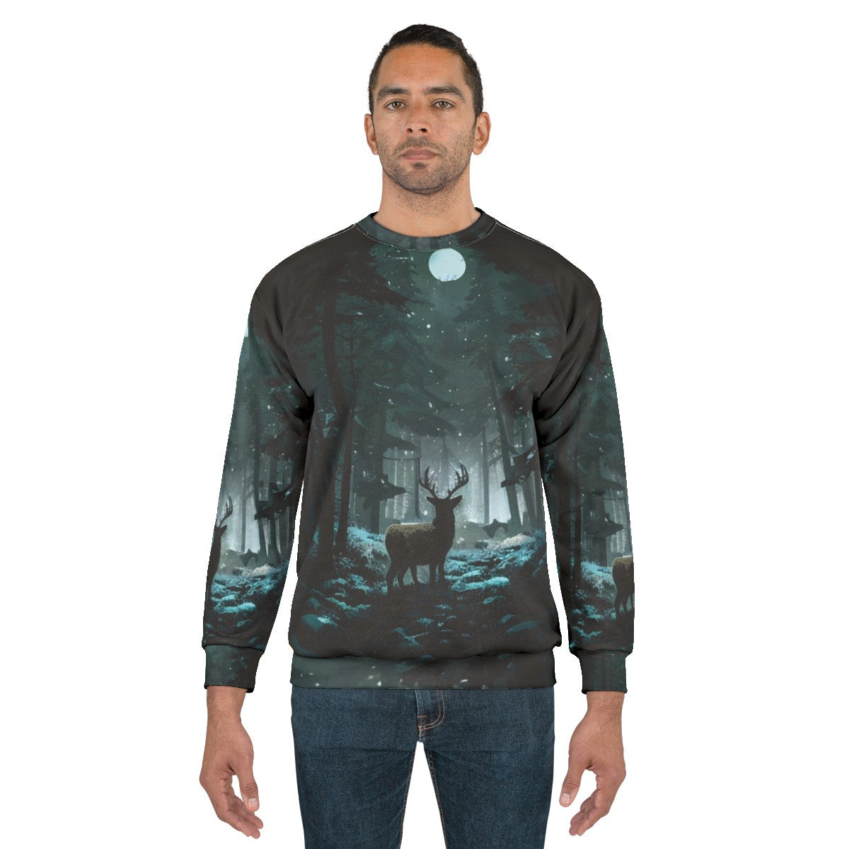 Cozy winter woods deer sweatshirt with snowy landscape and moonlight - men