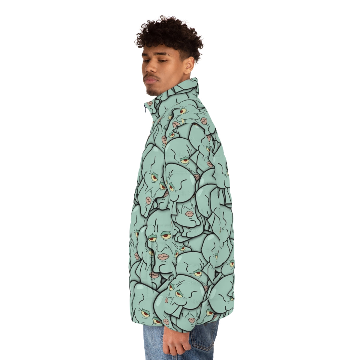 Handsome man wearing a spongebob-inspired puffer jacket - men side left