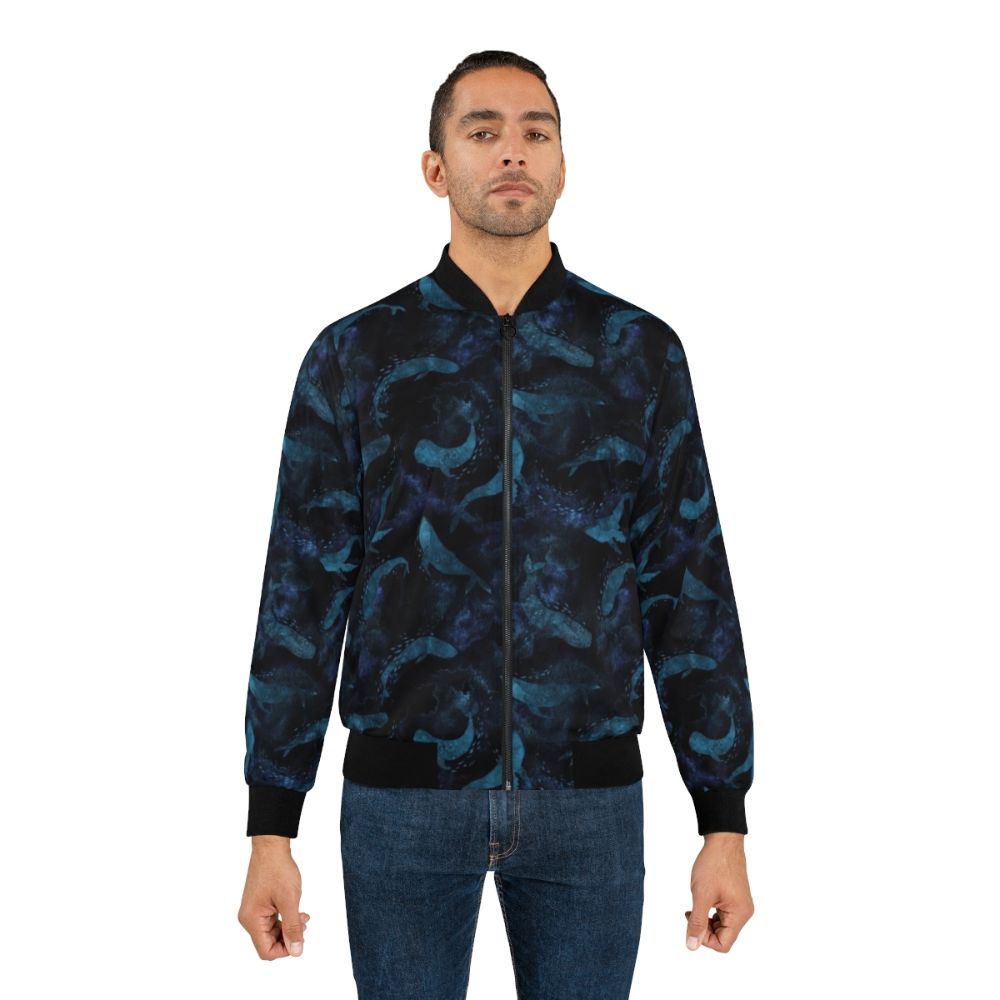 Indigo blue bomber jacket with a whale design, showcasing the graceful movements of whales in the deep blue ocean. - Lifestyle