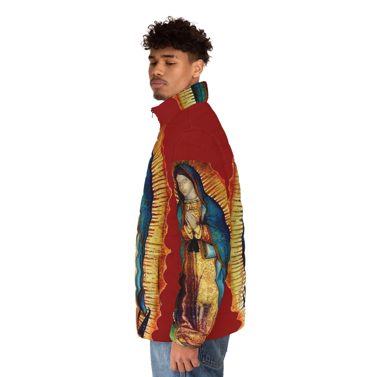 Our Lady of Guadalupe Puffer Jacket with Blessed Virgin Mary Tilma Replica Design - men side left