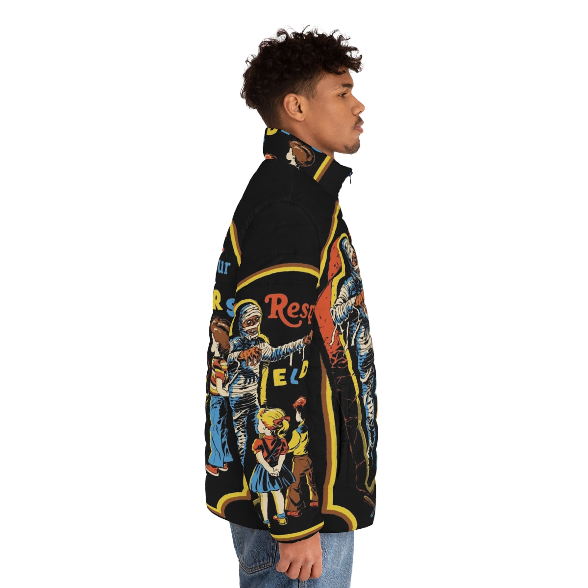 Respect Your Elders Puffer Jacket - Vintage Horror-Themed Outerwear - men side right