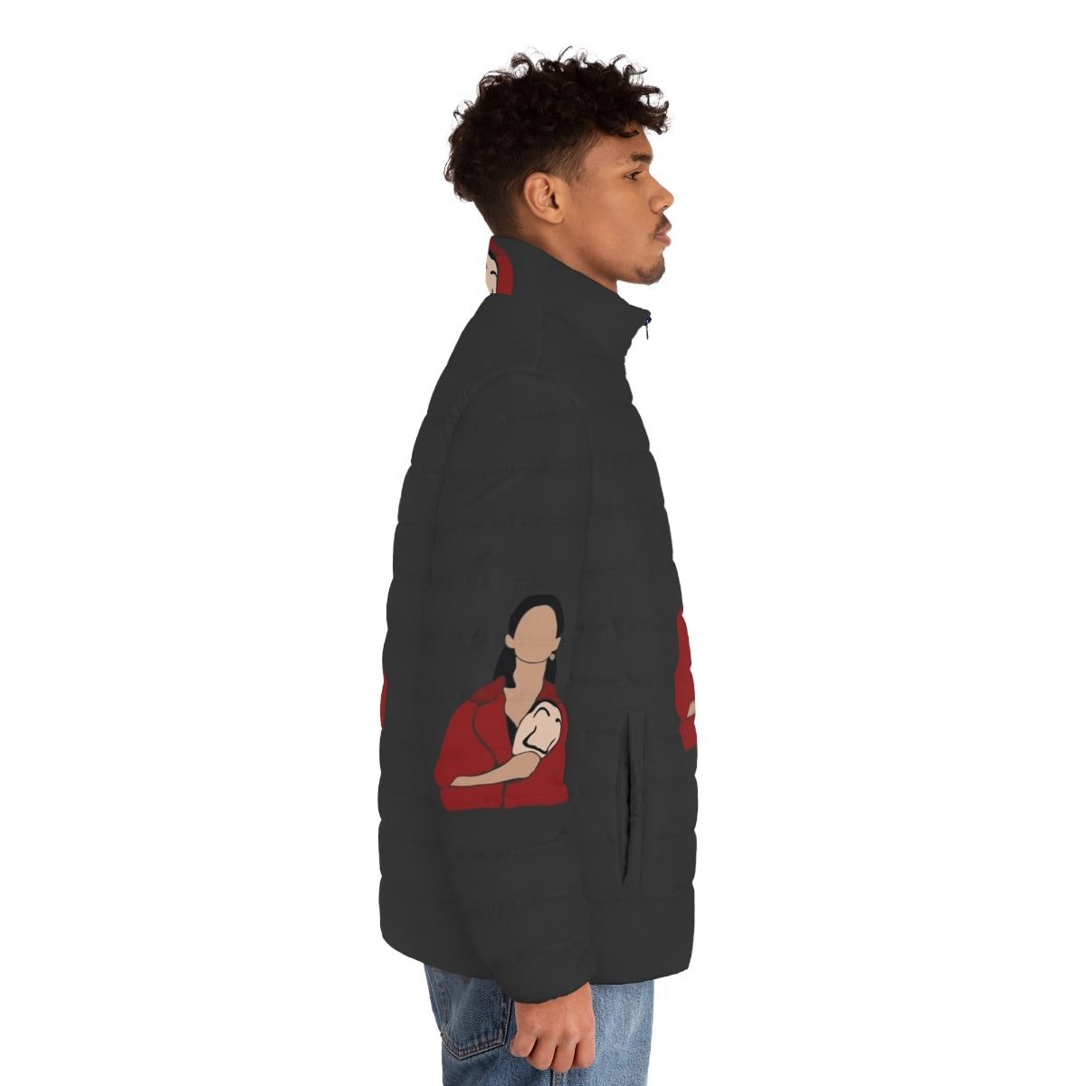 Nairobi Cut Out Money Heist Puffer Jacket featuring the iconic Nairobi character from the hit TV series - men side right