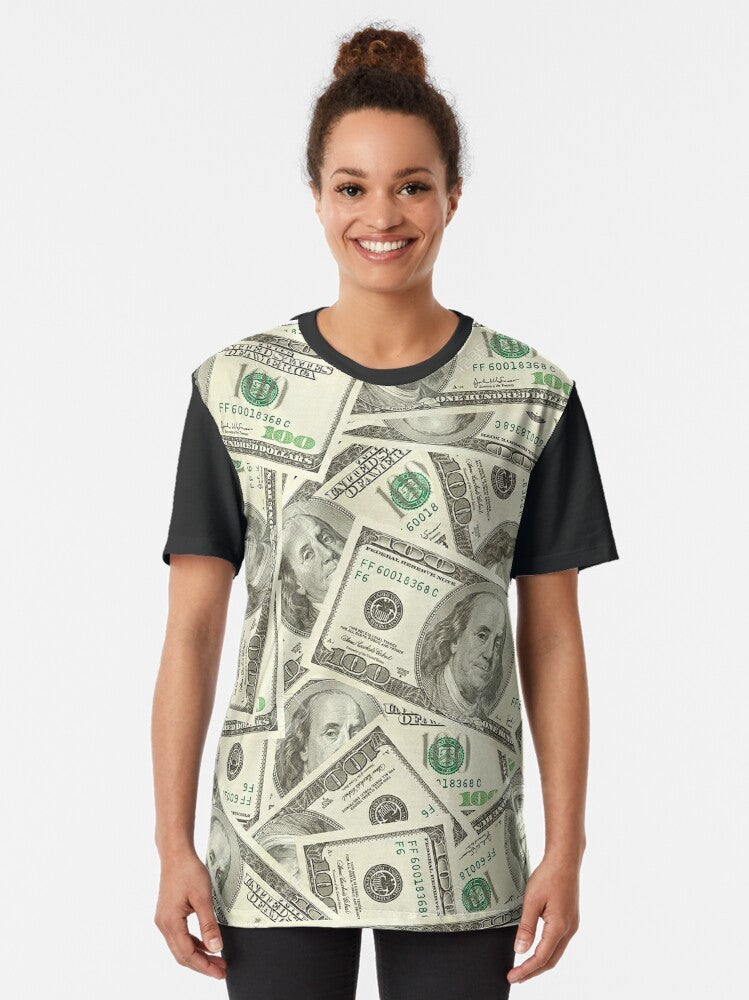 "100 Dollar Bills Graphic T-Shirt featuring a pattern of hundred dollar bills and Benjamin Franklin's portrait" - Women