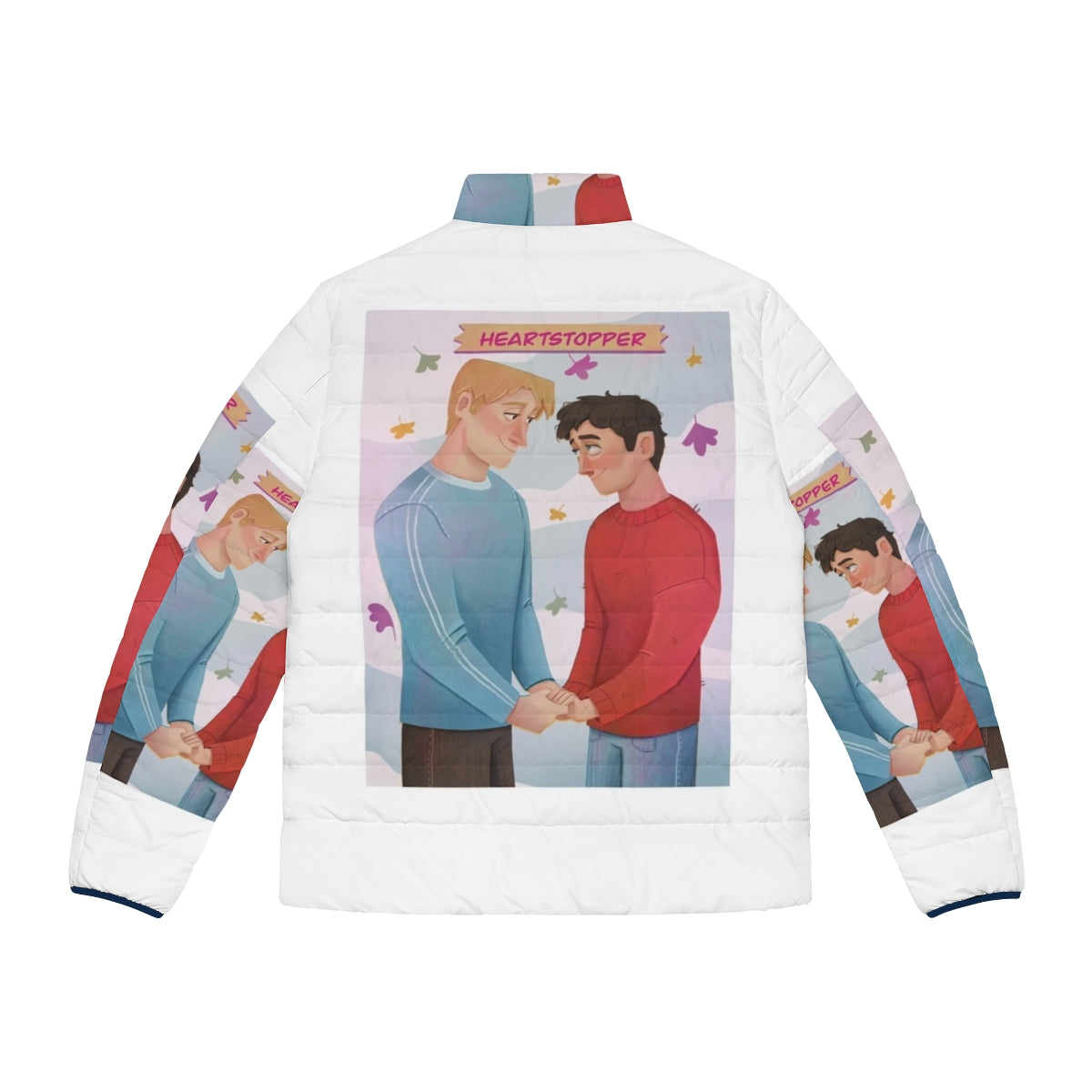 Heartstopper inspired puffer jacket featuring Charlie Spring and Nick Nelson character art - Back