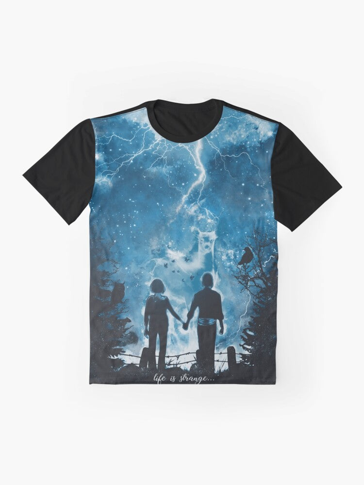 Graphic t-shirt design featuring the "The Storm of Life" text and imagery inspired by the Life Is Strange video game, including a tornado, deer, and butterfly. - Flat lay