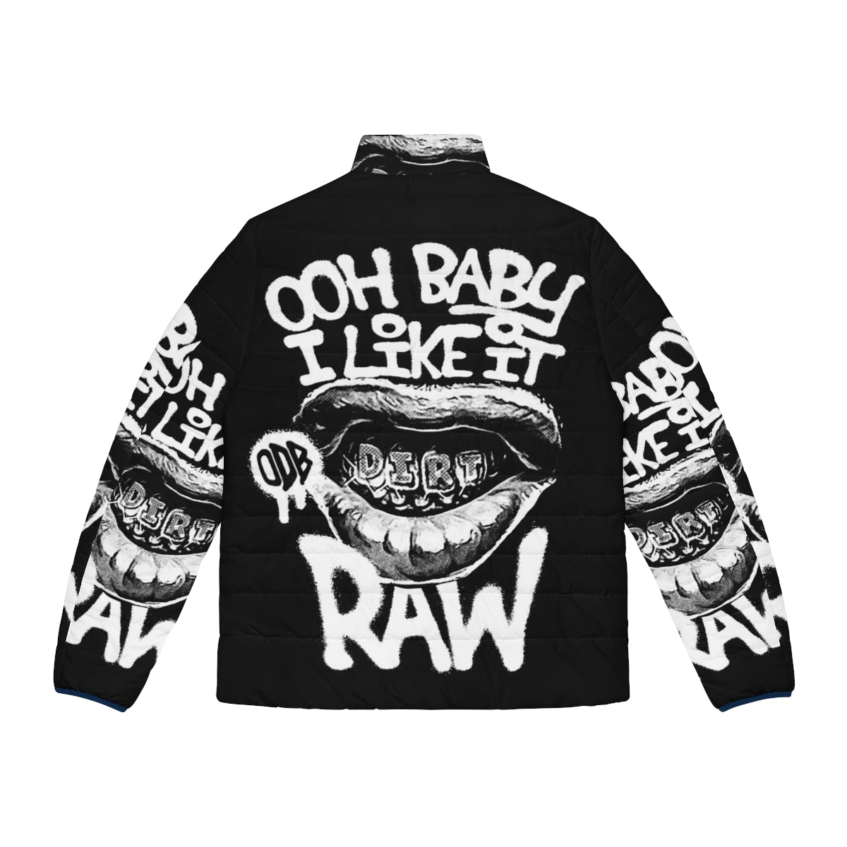 Odb inspired "Ooh Baby I Like It Raw" graphic puffer jacket with graffiti and halftone print design - Back