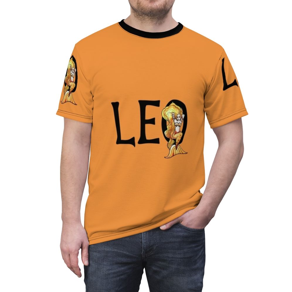 Illustration of a majestic lion with mermaid-like tail on a t-shirt design - men front