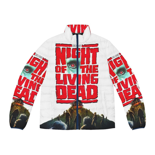 Night of the Living Dead inspired puffer jacket with zombie and paranormal graphics