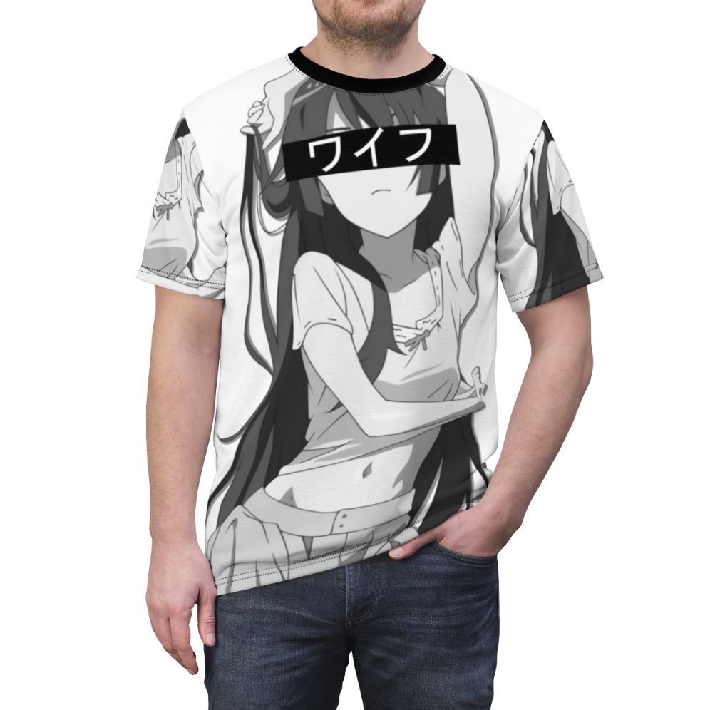 Anime-style t-shirt featuring Senjougahara Hitagi from the Monogatari series - men front