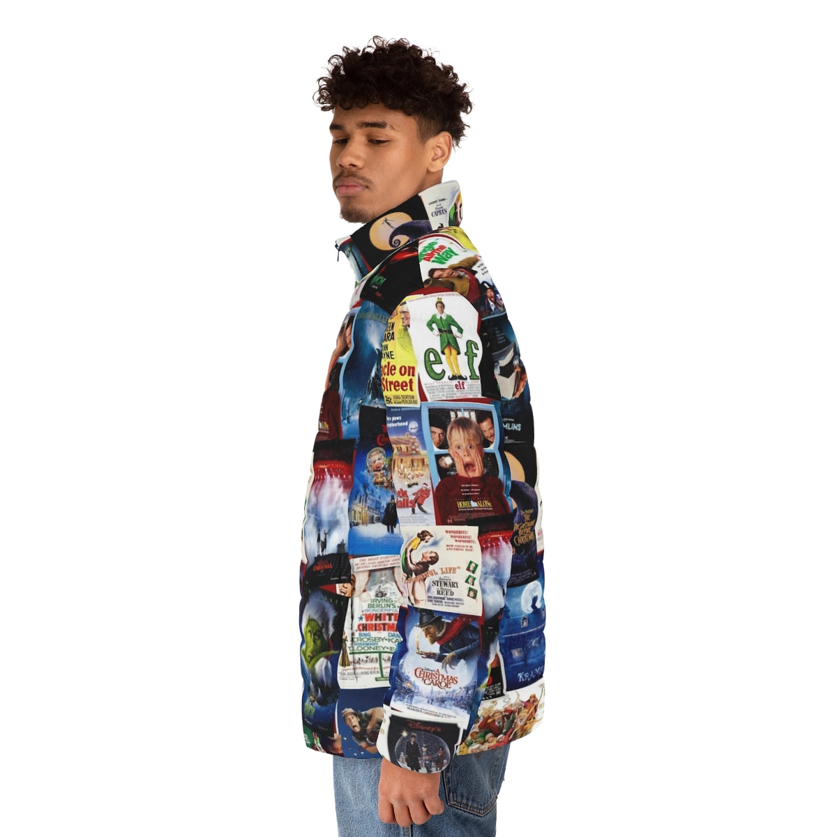 Christmas film collage puffer jacket featuring iconic holiday movies - men side left