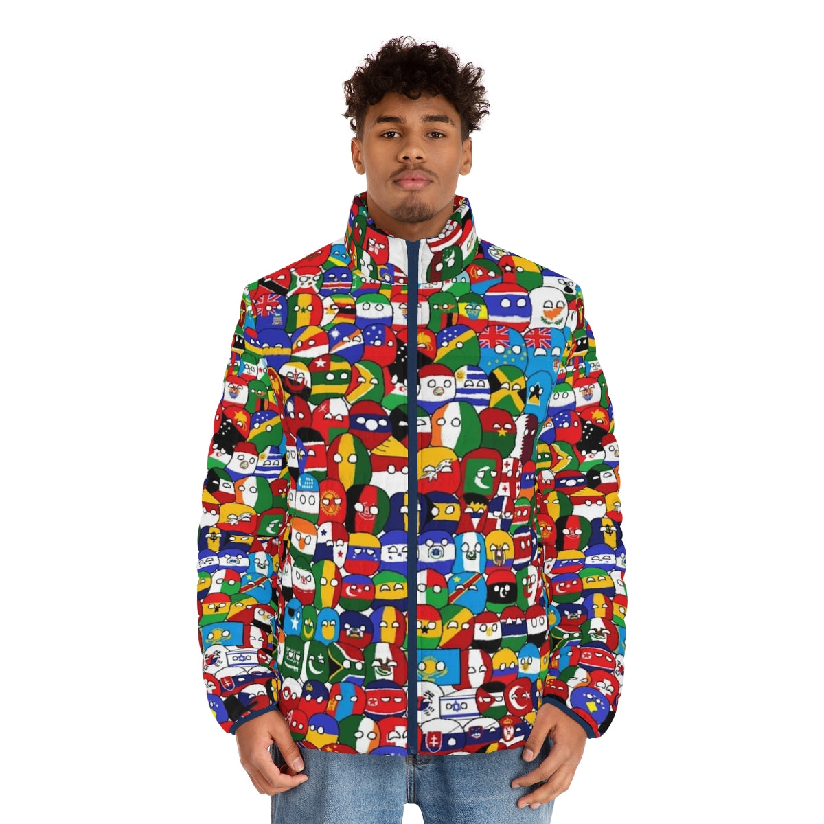 Puffer jacket with colorful countryball designs representing the globe and world countries - men front