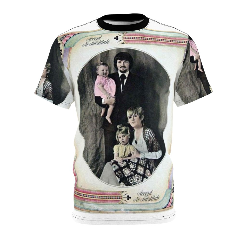 Delaney Bonnie-inspired all-over print t-shirt featuring a collage of music genres including funk, soul, blues, folk, and country