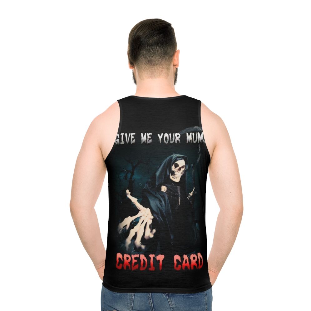 Humorous unisex tank top with credit card joke - men back