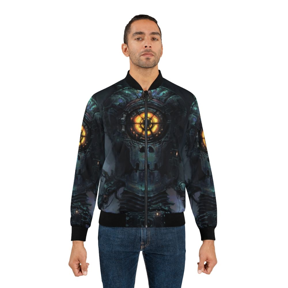 Inscryption bomber jacket featuring game art of a robot cyclops - Lifestyle