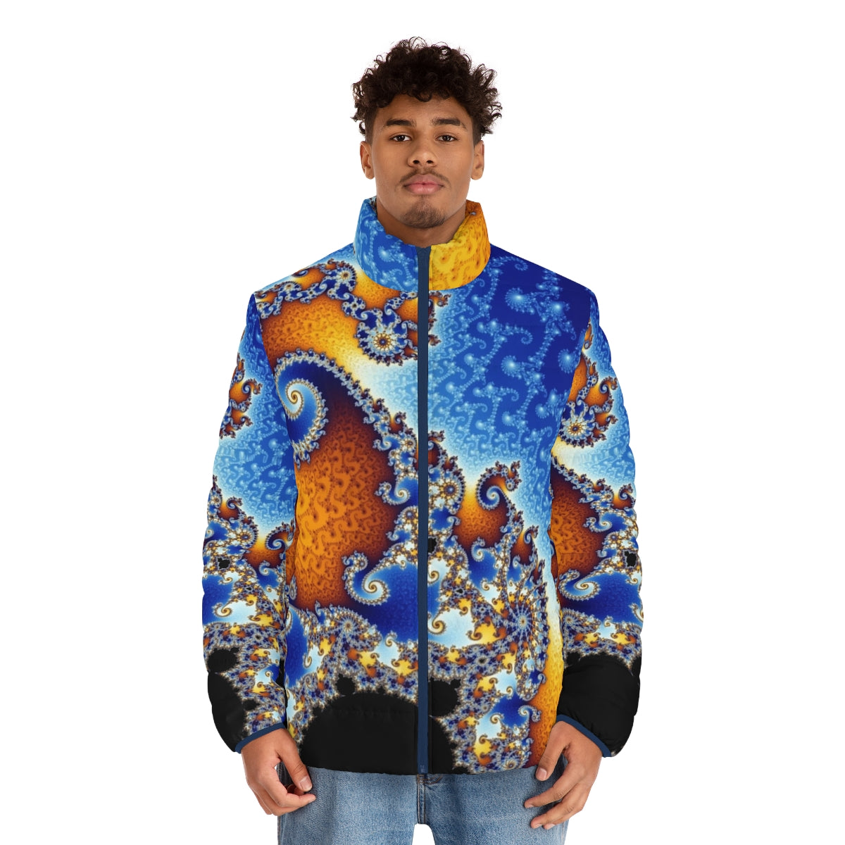 Puffer jacket featuring the intricate Mandelbrot set fractal pattern, a captivating mathematical art design - men front