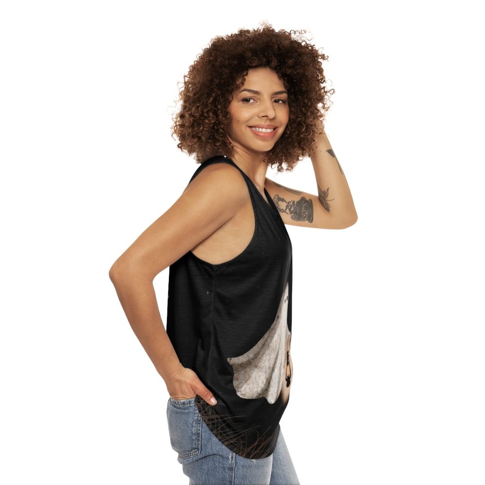 Unisex Twilight Walk Tank Top with ghostly figures and starry sky - women side