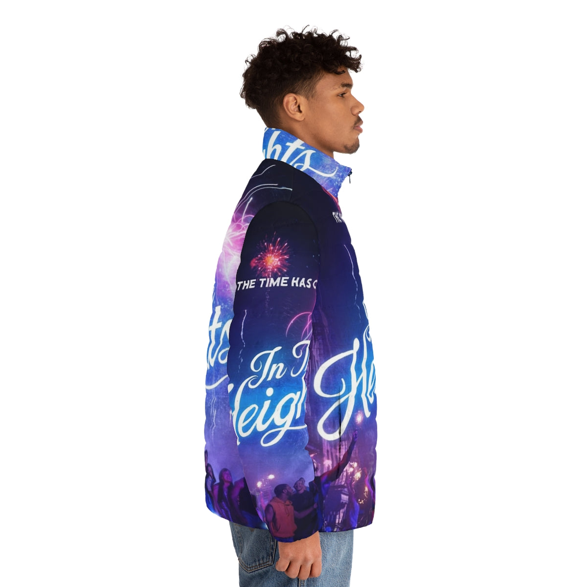 Model wearing the "In The Heights" themed puffer jacket - men side right