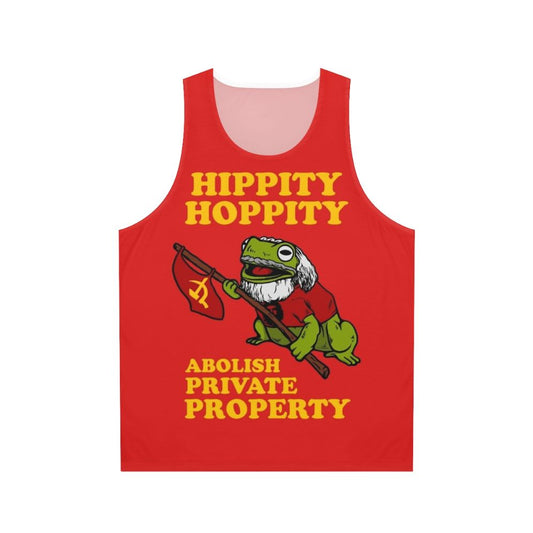 Unisex tank top with "Hippity Hoppity Abolish Private Property" design