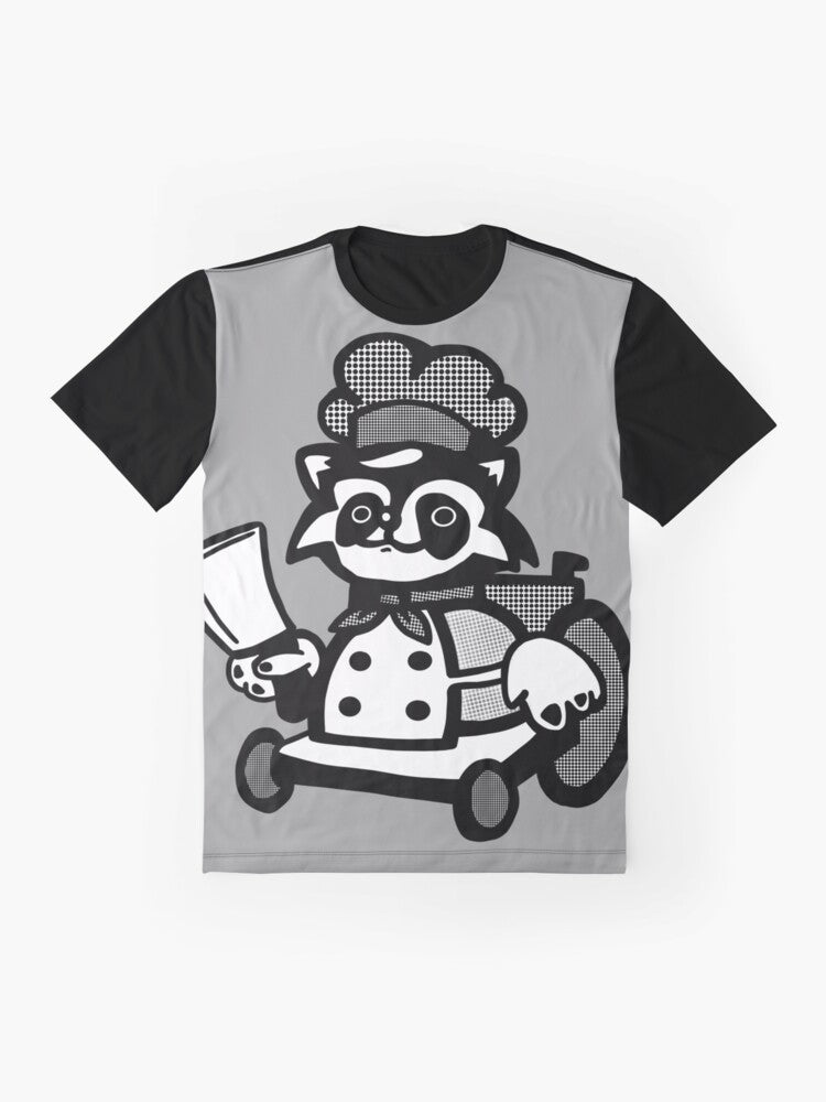 Overcooked Raccoon Graphic T-Shirt featuring a cute disabled chef character - Flat lay