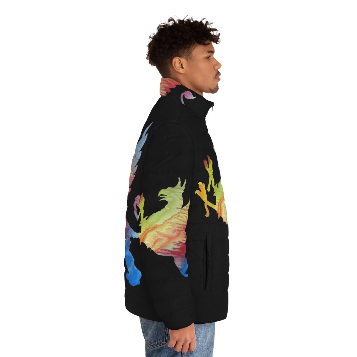 Gryphon Puffer Jacket with abstract watercolor painting of a legendary mythological creature - men side right