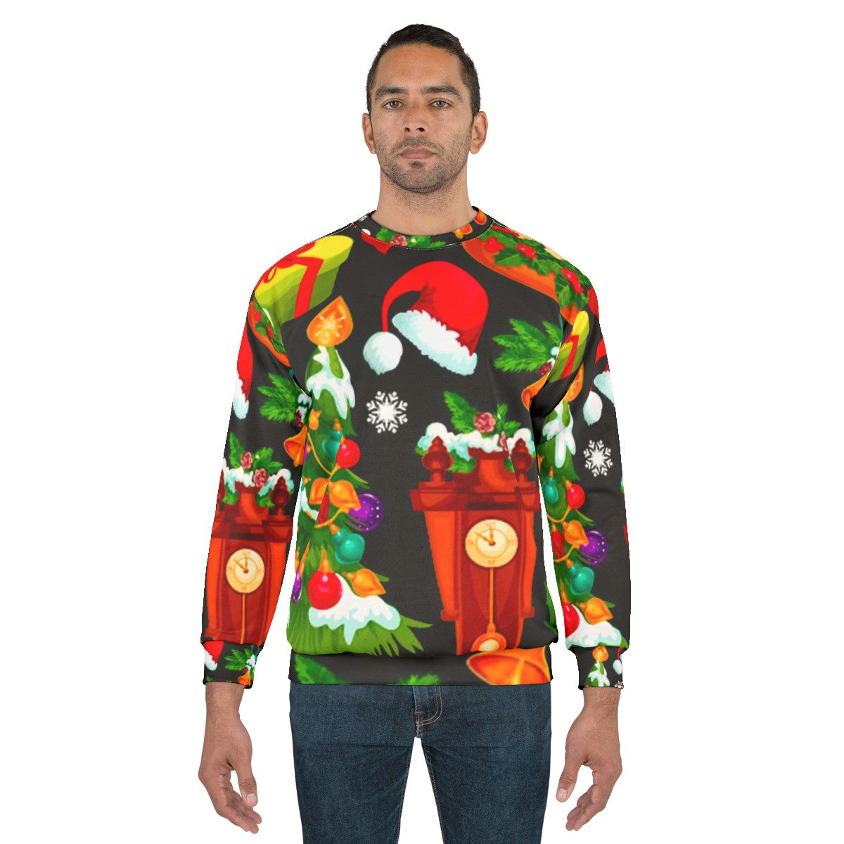 Cozy Christmas pattern sweatshirt with Santa, reindeer, and holiday designs - men