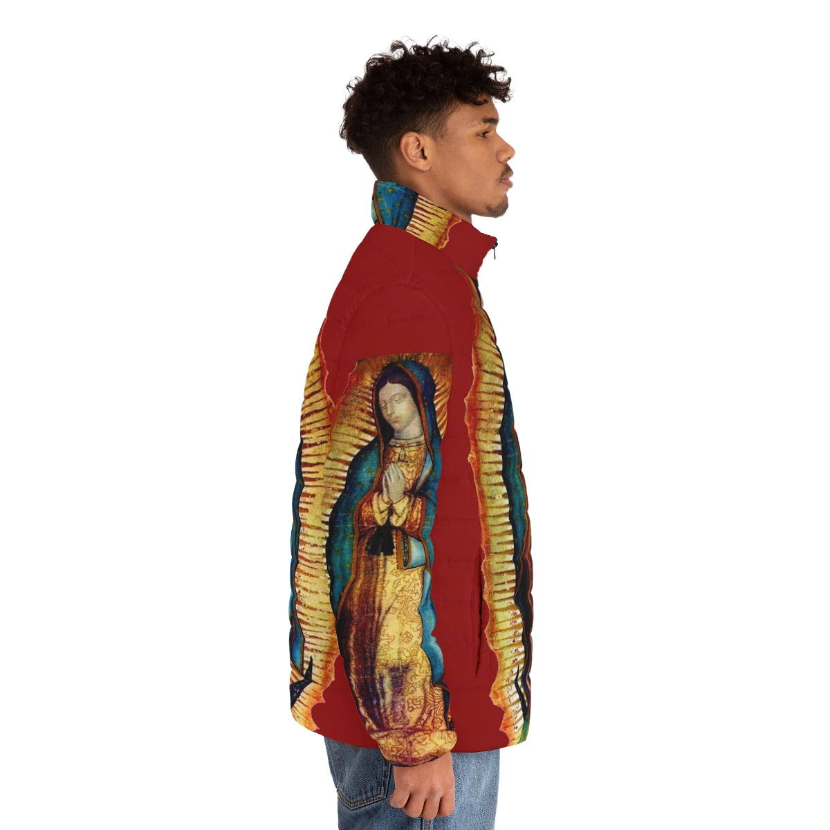 Our Lady of Guadalupe Puffer Jacket with Blessed Virgin Mary Tilma Replica Design - men side right