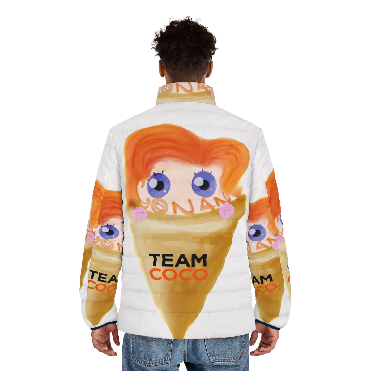 Image of a puffer jacket with an ice cream design, featuring Conan O'Brien branding - men back