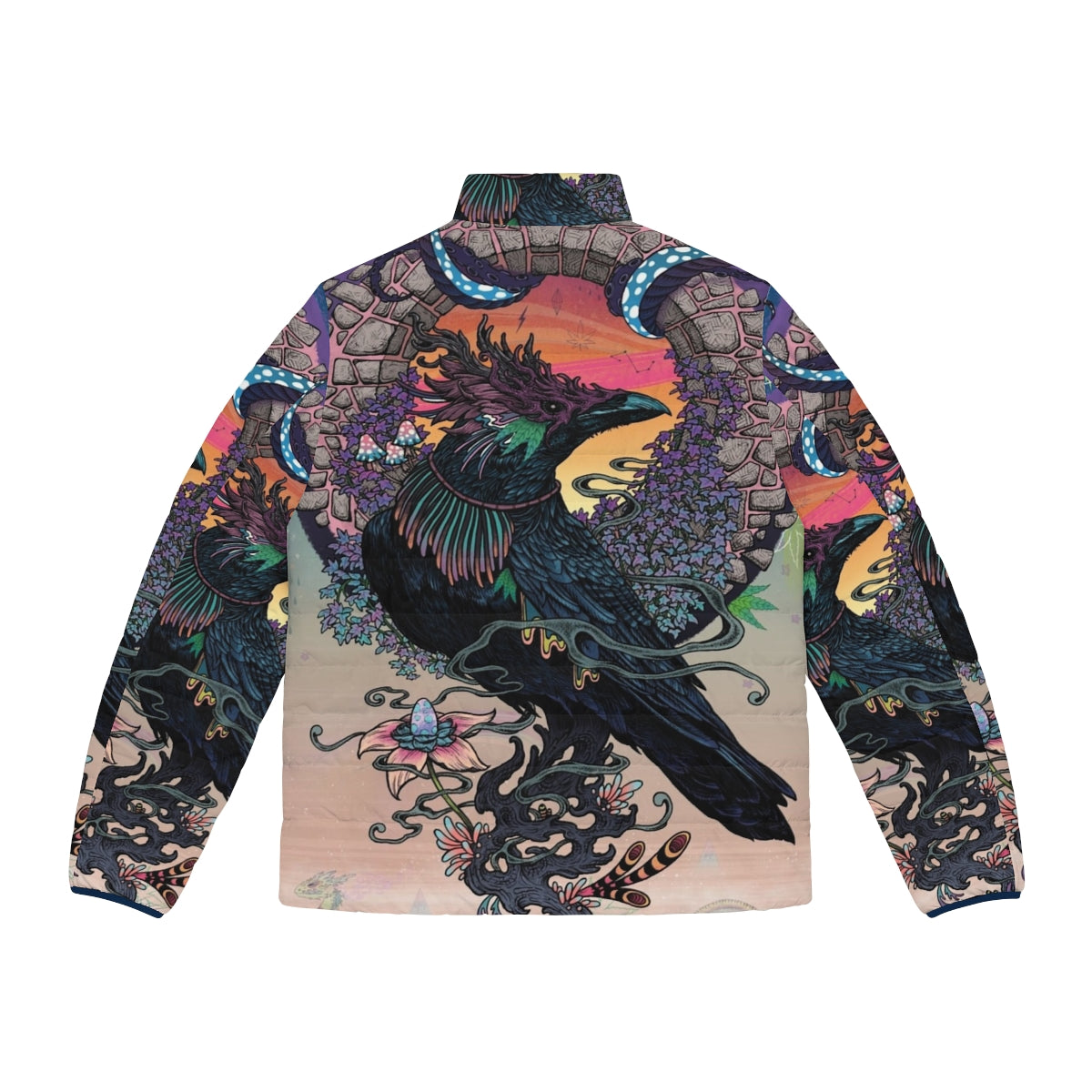 Puffer jacket featuring a mystical, psychedelic design of a raven or crow bird and cannabis leaves - Back