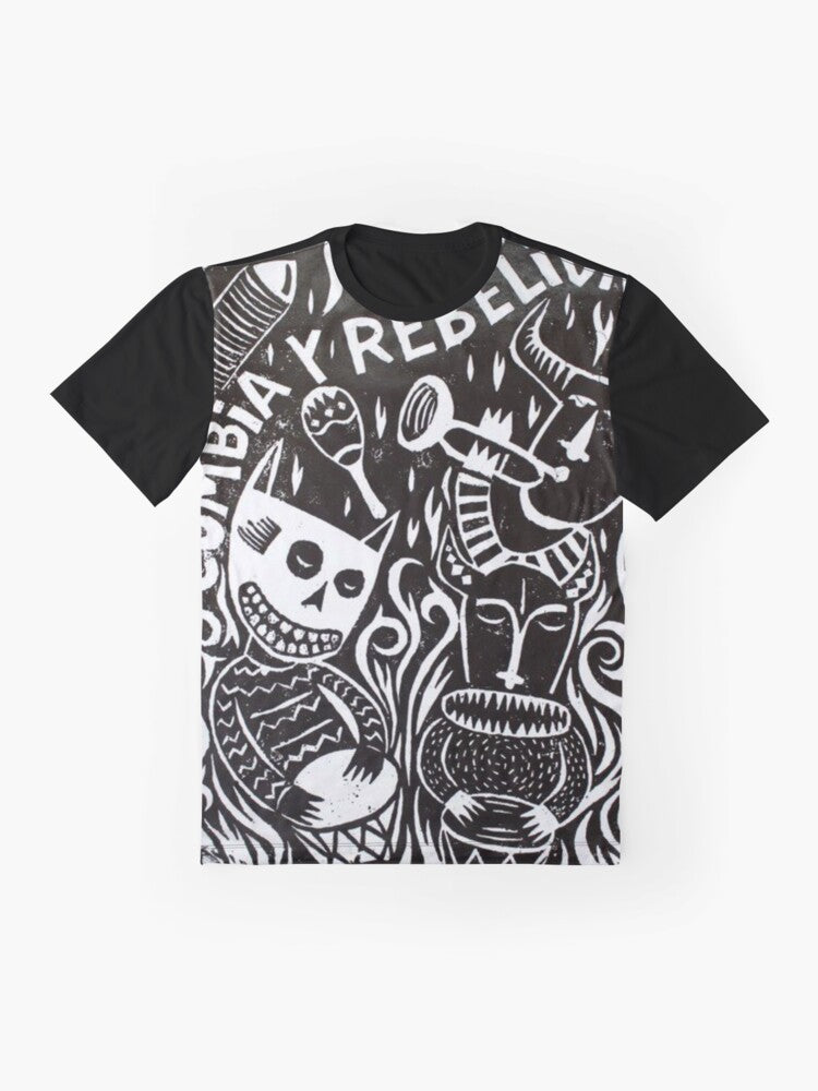 Graphic t-shirt featuring the words "Cumbia and Rebellion" with a Latin American music theme - Flat lay