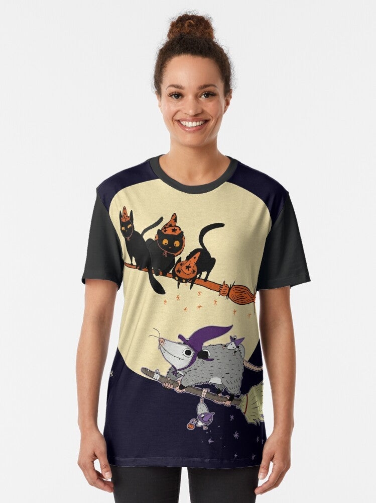 Illustration of a cute cartoon opossum in a witch's hat and cape, sitting next to a black cat. - Women