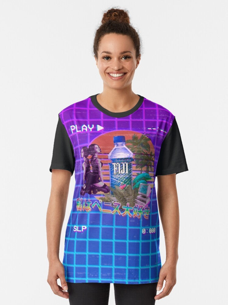 Retro vaporwave-style graphic t-shirt featuring a Fiji water bottle design with palm trees, dolphins, and other 80s/90s inspired elements. - Women