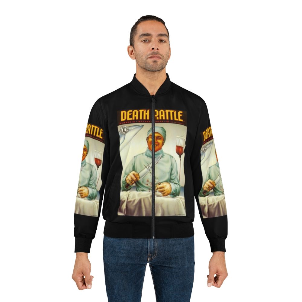 Vintage underground comics horror bomber jacket with Death Rattle #16 cover art - Lifestyle